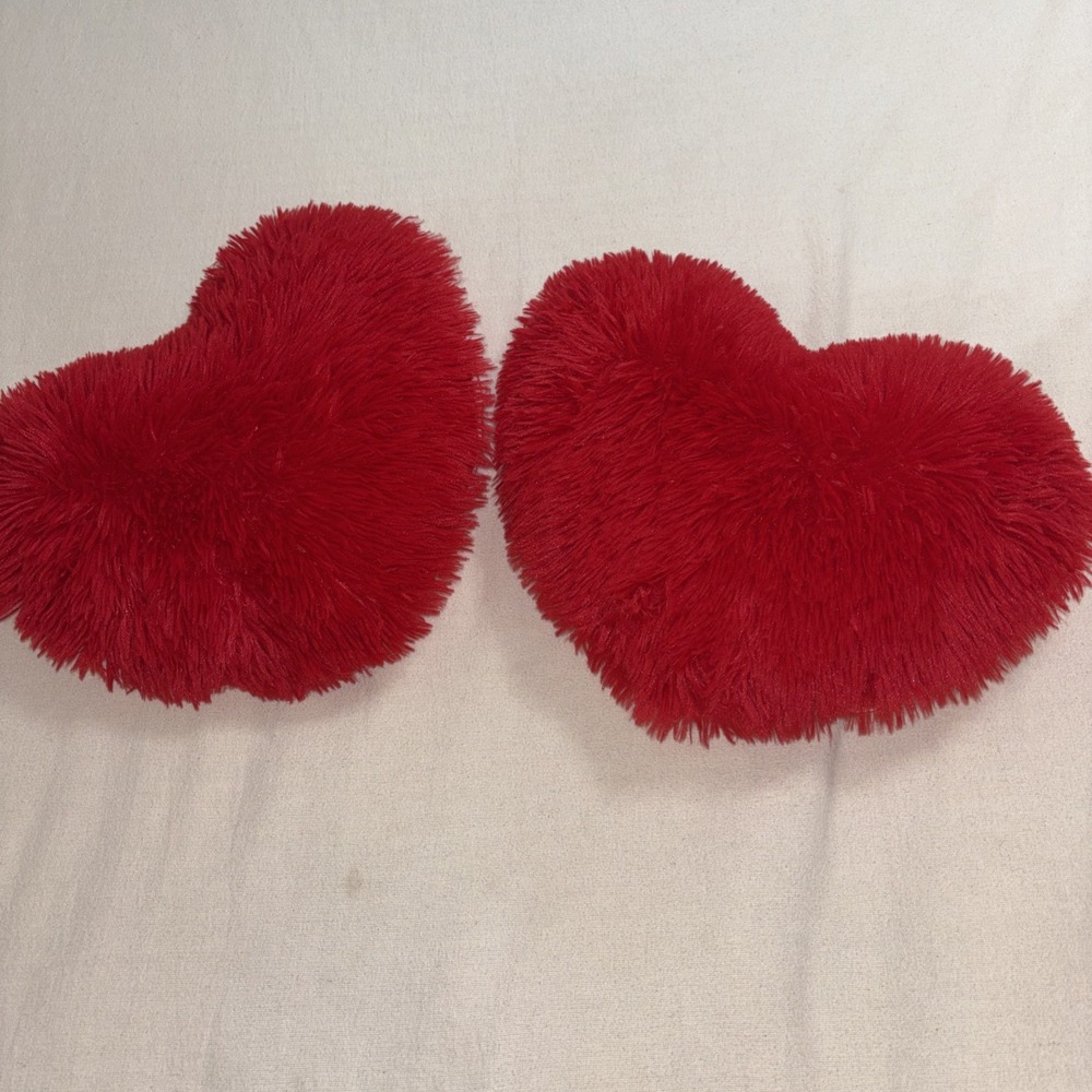 Valentines Red‎ Plush Shag Heart Throw Pillows Set Of Two